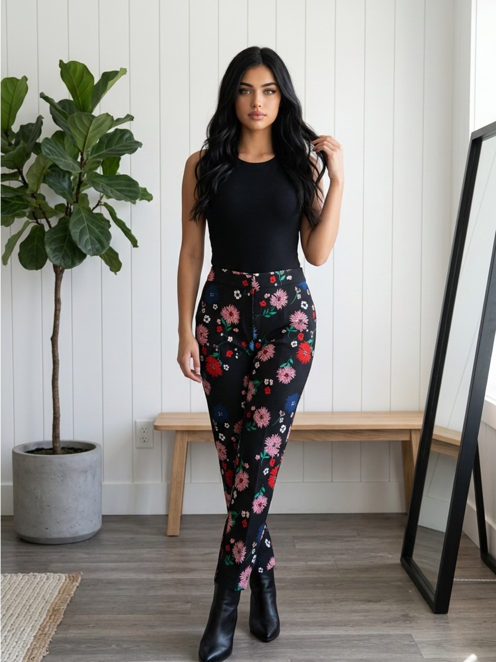 Cynthia Rowley Black Floral High-Rise Ankle Pants NWOT